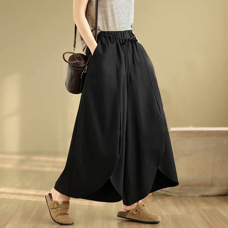 Summer Vintage Lace-Up Women's Wide Leg Split Pants With Pockets