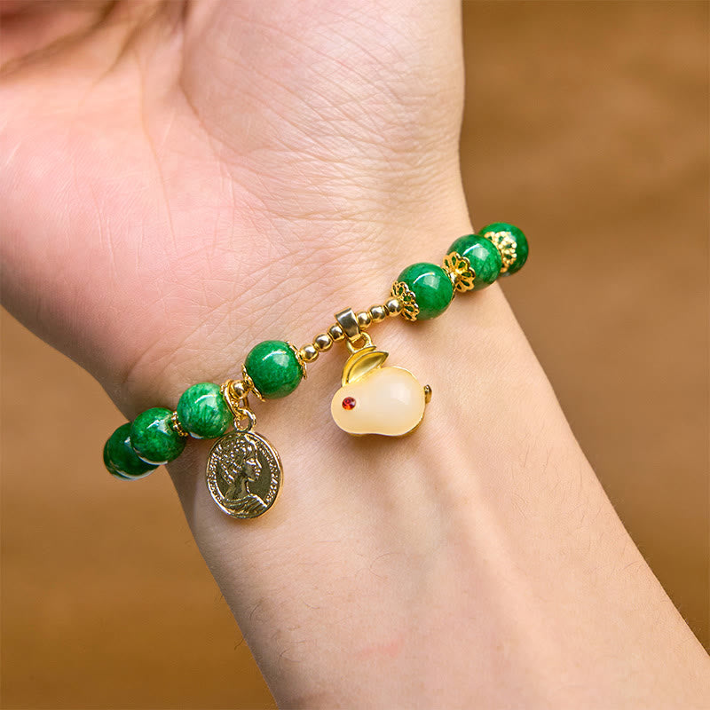 Green Calcite Beaded Bracelet with Rabbit Charm for Clarity