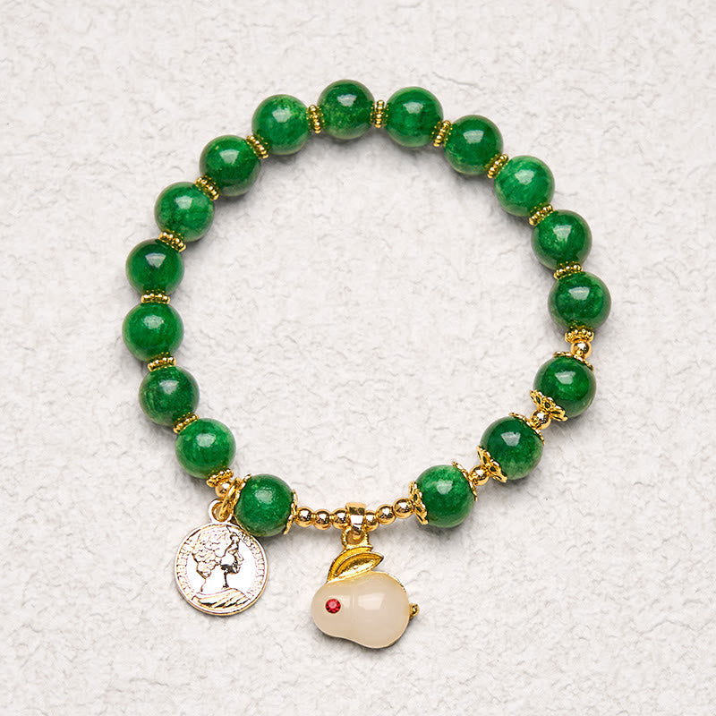 Green Calcite Beaded Bracelet with Rabbit Charm for Clarity