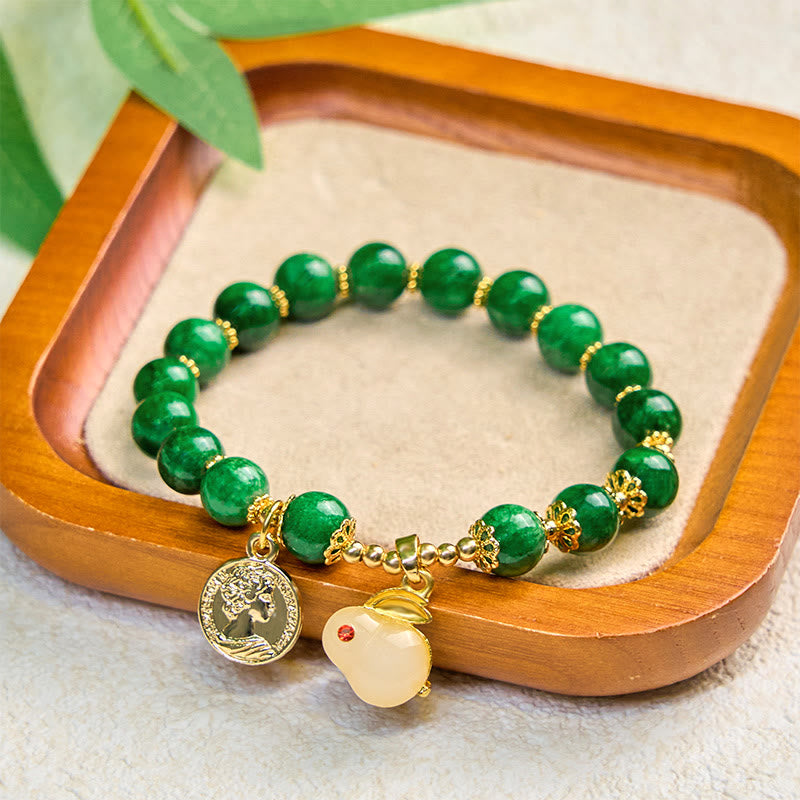 Green Calcite Beaded Bracelet with Rabbit Charm for Clarity