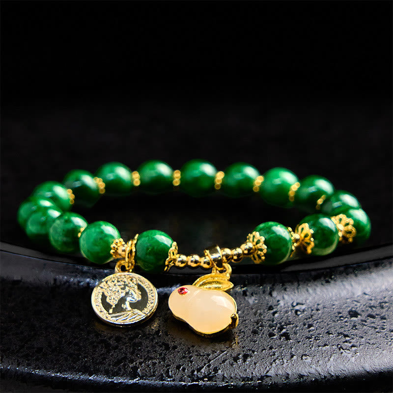 Green Calcite Beaded Bracelet with Rabbit Charm for Clarity