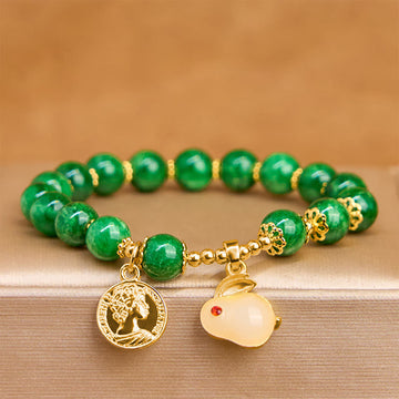 Green Calcite Beaded Bracelet with Rabbit Charm for Clarity