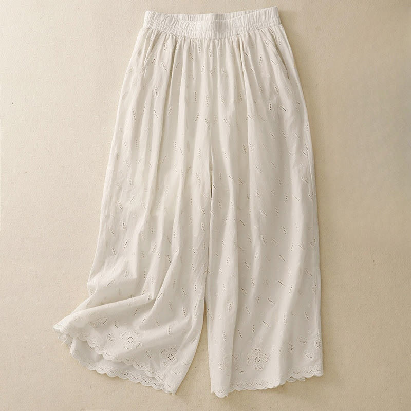 Summer Vintage Embroidery Lace Hem Patchwork Design Women's Wide Leg Cotton Pants With Pockets