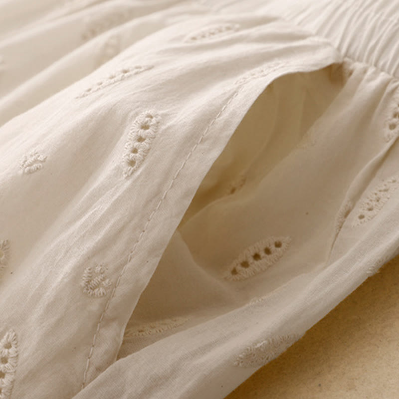 Summer Vintage Embroidery Lace Hem Patchwork Design Women's Wide Leg Cotton Pants With Pockets