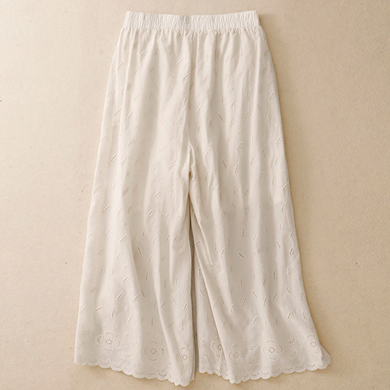 Summer Vintage Embroidery Lace Hem Patchwork Design Women's Wide Leg Cotton Pants With Pockets