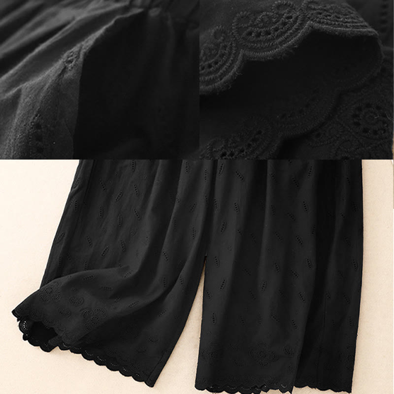 Summer Vintage Embroidery Lace Hem Patchwork Design Women's Wide Leg Cotton Pants With Pockets