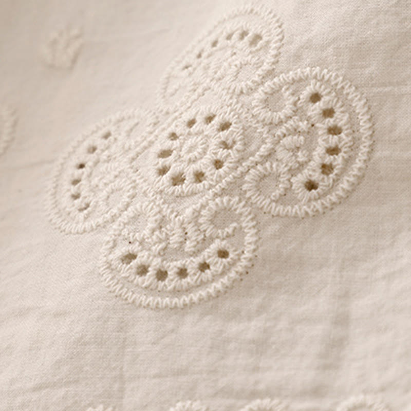 Summer Vintage Embroidery Lace Hem Patchwork Design Women's Wide Leg Cotton Pants With Pockets