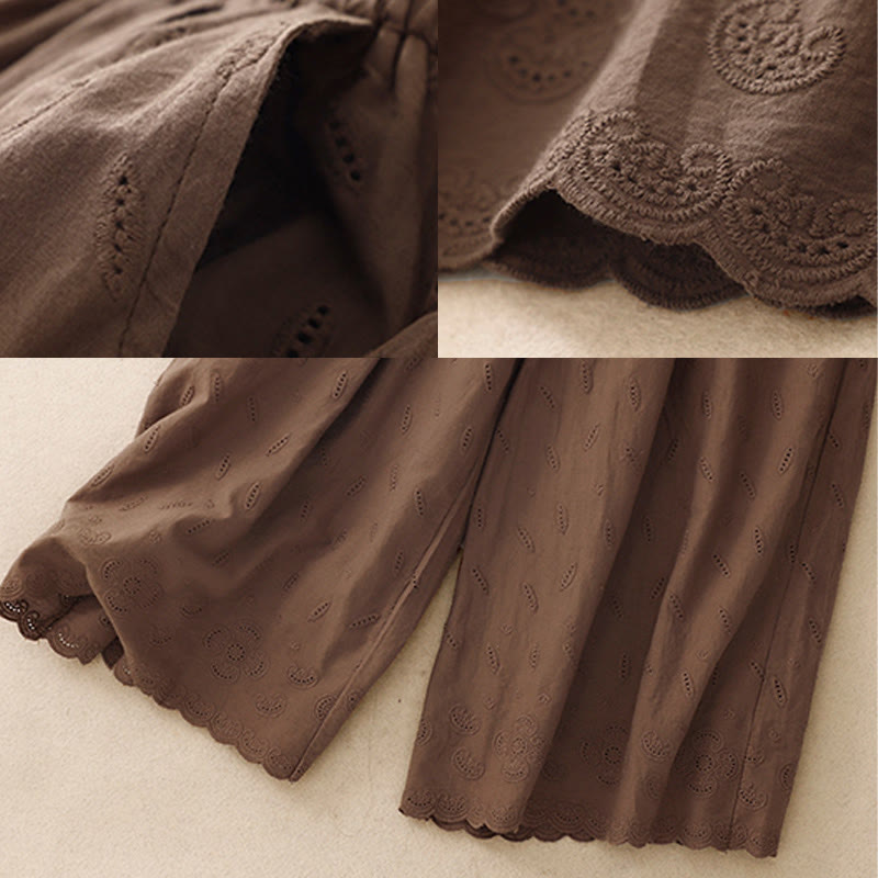 Summer Vintage Embroidery Lace Hem Patchwork Design Women's Wide Leg Cotton Pants With Pockets