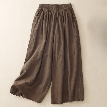 Summer Vintage Embroidery Lace Hem Patchwork Design Women's Wide Leg Cotton Pants With Pockets