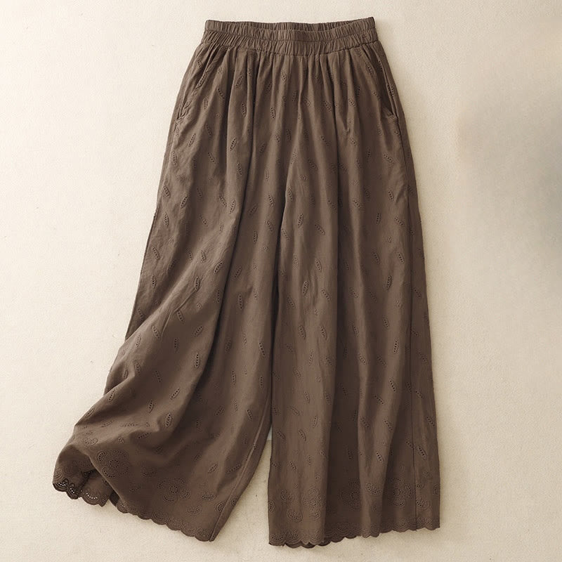 Summer Vintage Embroidery Lace Hem Patchwork Design Women's Wide Leg Cotton Pants With Pockets