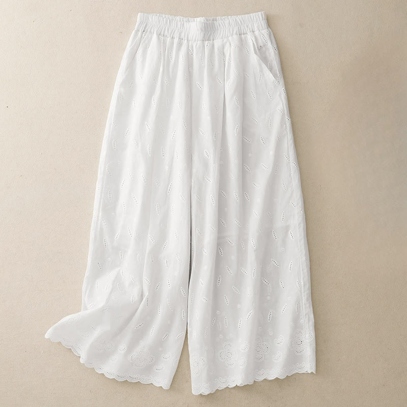 Summer Vintage Embroidery Lace Hem Patchwork Design Women's Wide Leg Cotton Pants With Pockets