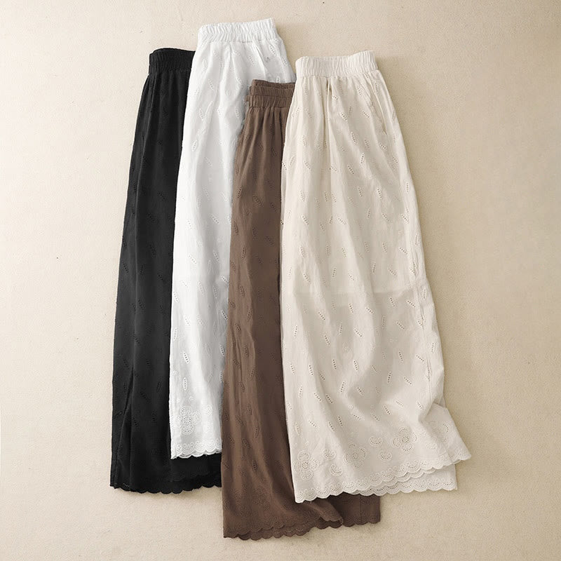 Summer Vintage Embroidery Lace Hem Patchwork Design Women's Wide Leg Cotton Pants With Pockets