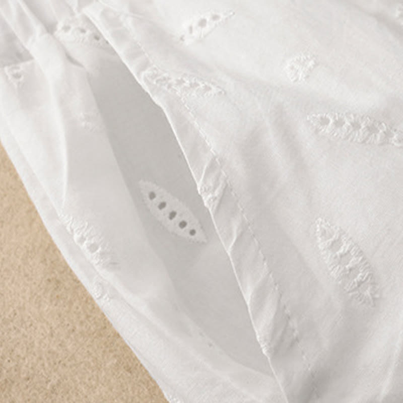 Summer Vintage Embroidery Lace Hem Patchwork Design Women's Wide Leg Cotton Pants With Pockets