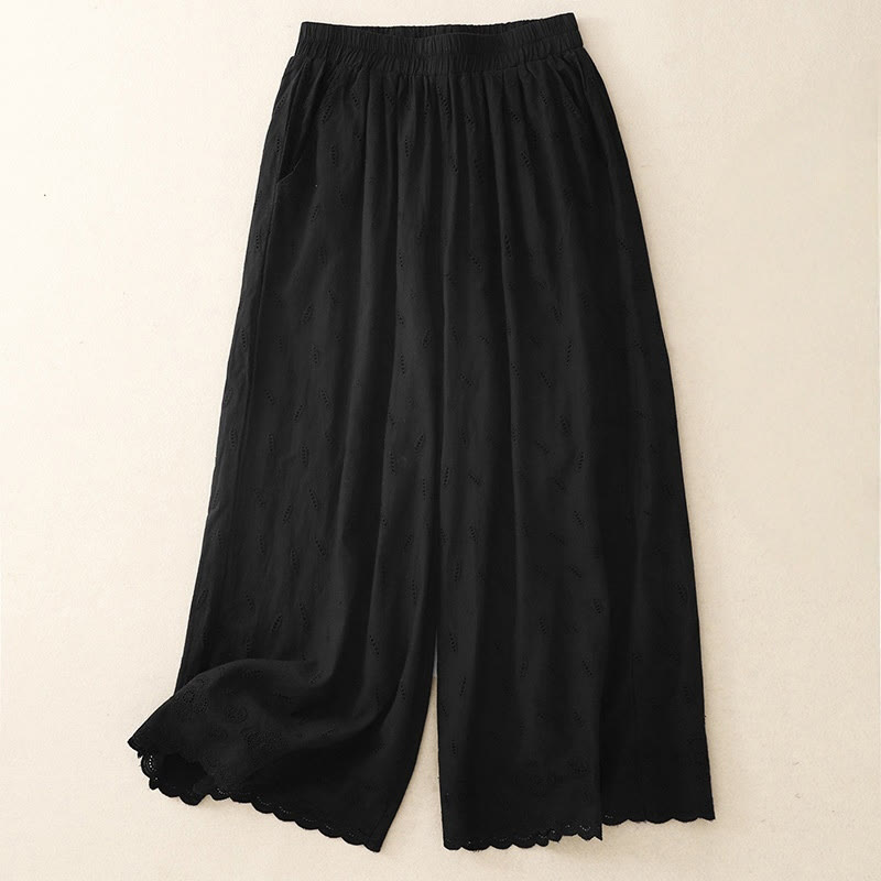 Summer Vintage Embroidery Lace Hem Patchwork Design Women's Wide Leg Cotton Pants With Pockets