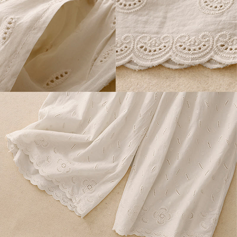 Summer Vintage Embroidery Lace Hem Patchwork Design Women's Wide Leg Cotton Pants With Pockets