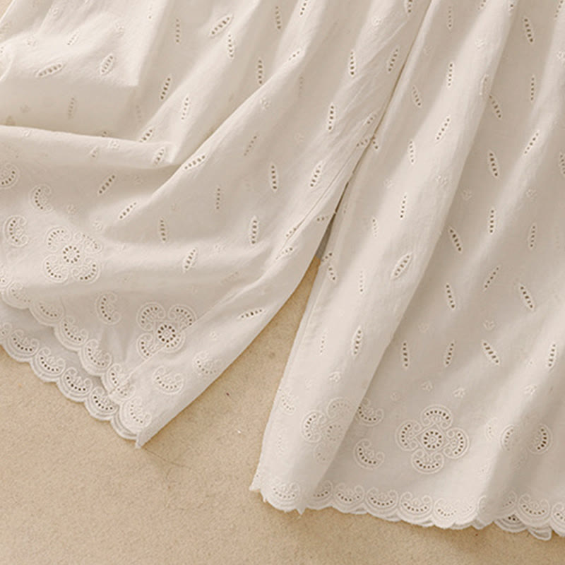 Summer Vintage Embroidery Lace Hem Patchwork Design Women's Wide Leg Cotton Pants With Pockets