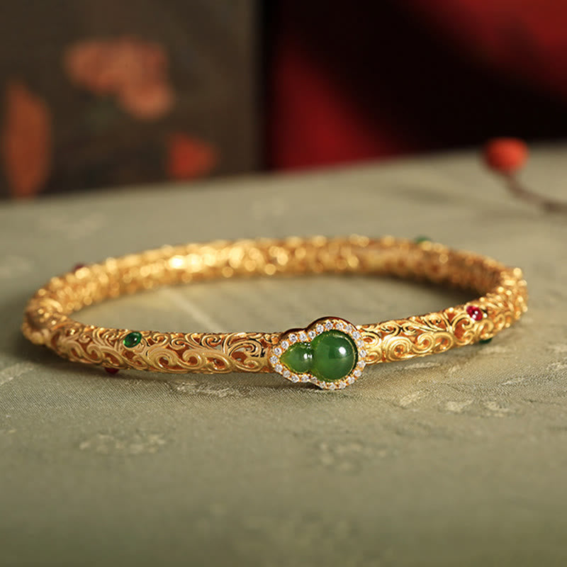 Cyan Jade Copper Plated Gold Auspicious Clouds Gourd Luck Bracelet Bangle