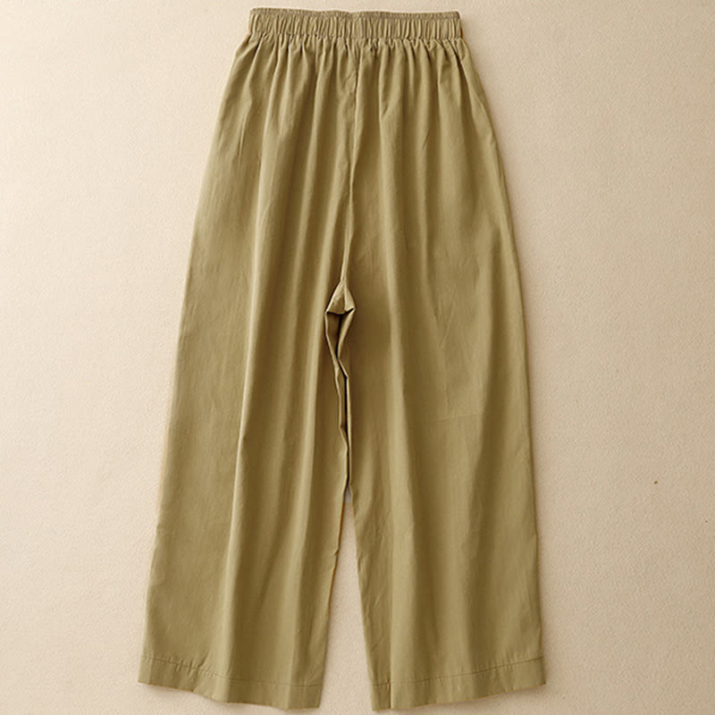 Causal Vintage Solid Color Button Design Women's Wide Leg Cotton Pants With Pockets