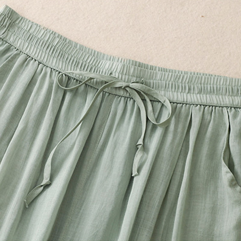 Causal Vintage Plain Drawstring Lace Patchwork Design Women's Wide Leg Cotton Elastic Waistband Pants With Pockets