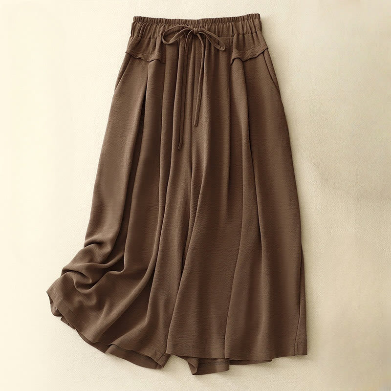 Causal Ethnic Simple Drawstring Design Women's Wide Leg Cropped Pants With Pockets