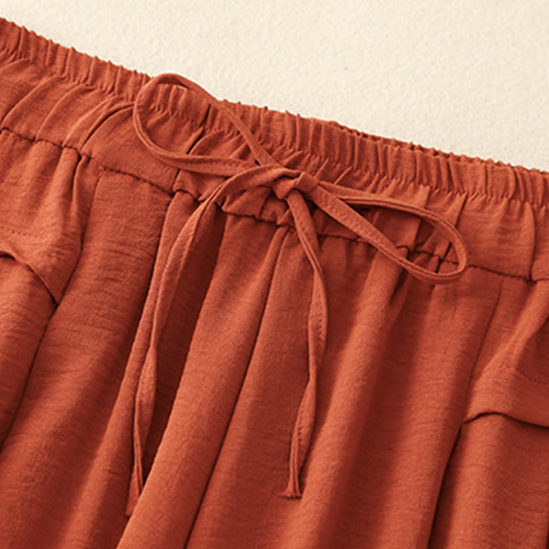 Causal Ethnic Simple Drawstring Design Women's Wide Leg Cropped Pants With Pockets