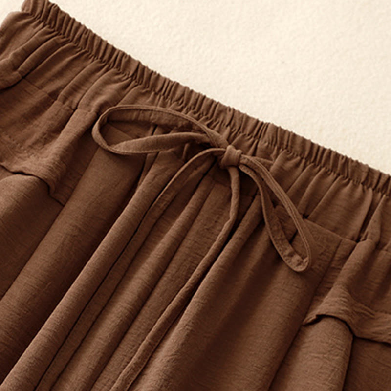 Causal Ethnic Simple Drawstring Design Women's Wide Leg Cropped Pants With Pockets