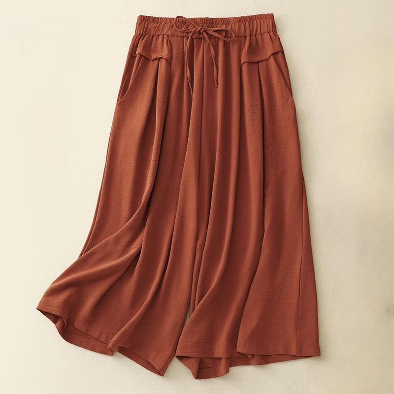 Causal Ethnic Simple Drawstring Design Women's Wide Leg Cropped Pants With Pockets