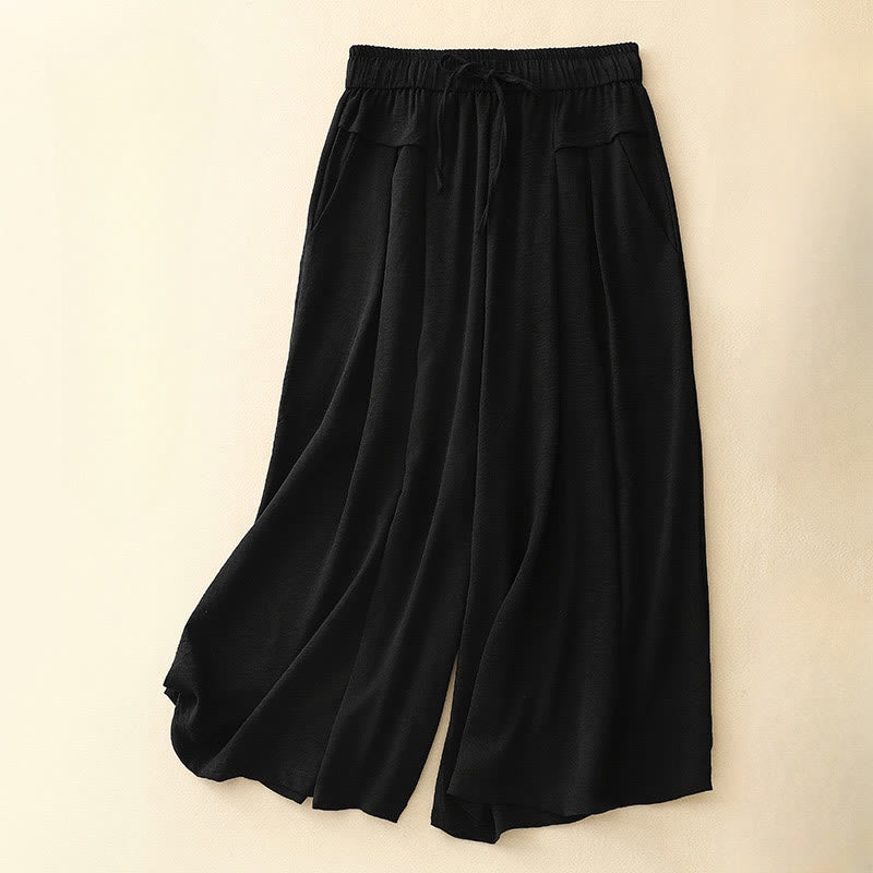 Causal Ethnic Simple Drawstring Design Women's Wide Leg Cropped Pants With Pockets