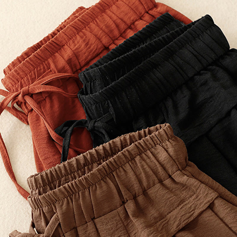 Causal Ethnic Simple Drawstring Design Women's Wide Leg Cropped Pants With Pockets