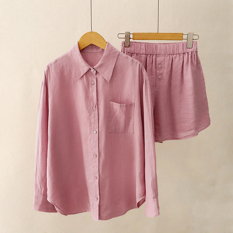 Summer 2pcs Plain Long Sleeve Shirt Top Cardigan Shorts Meditation Clothing Women's Set With Pockets