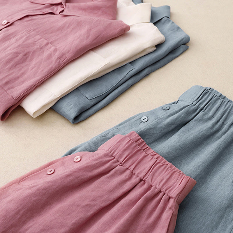 Summer 2pcs Plain Long Sleeve Shirt Top Cardigan Shorts Meditation Clothing Women's Set With Pockets