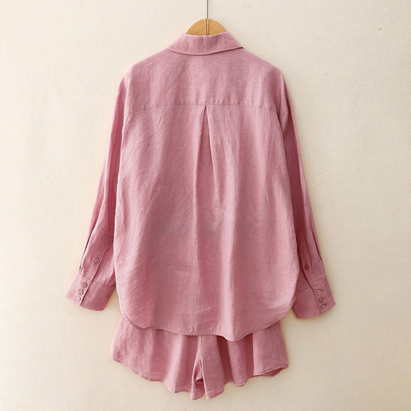 Summer 2pcs Plain Long Sleeve Shirt Top Cardigan Shorts Meditation Clothing Women's Set With Pockets