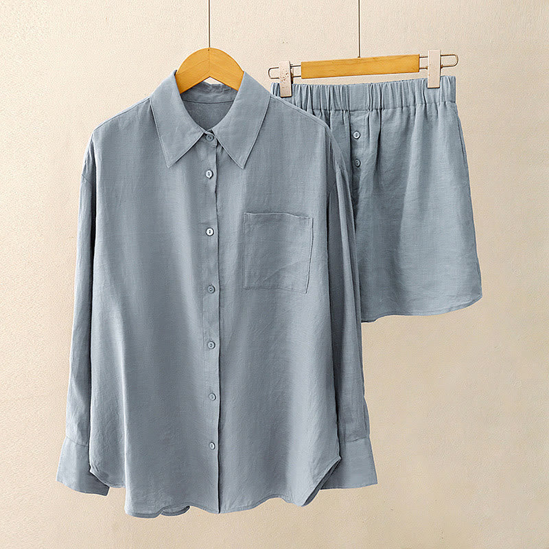 Summer 2pcs Plain Long Sleeve Shirt Top Cardigan Shorts Meditation Clothing Women's Set With Pockets
