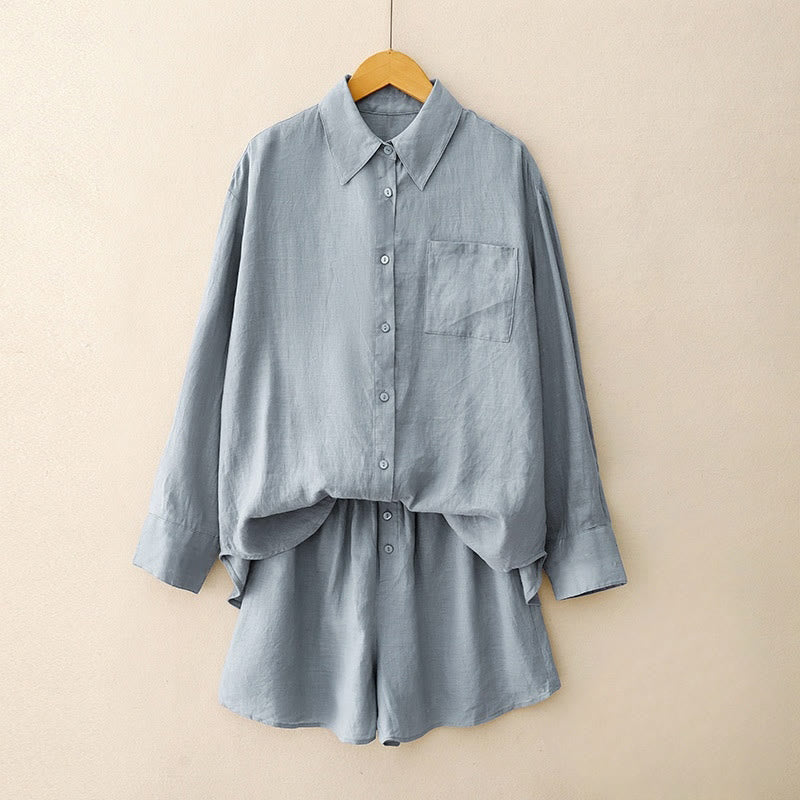 Summer 2pcs Plain Long Sleeve Shirt Top Cardigan Shorts Meditation Clothing Women's Set With Pockets