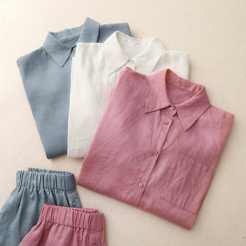 Summer 2pcs Plain Long Sleeve Shirt Top Cardigan Shorts Meditation Clothing Women's Set With Pockets