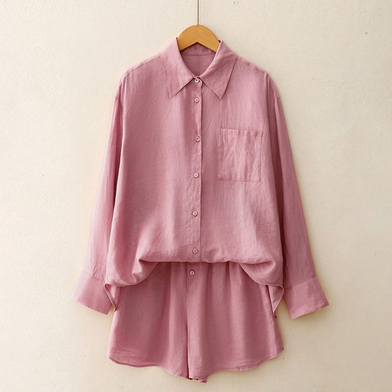 Summer 2pcs Plain Long Sleeve Shirt Top Cardigan Shorts Meditation Clothing Women's Set With Pockets