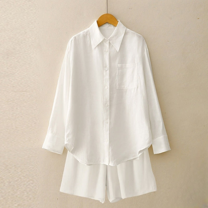 Summer 2pcs Plain Long Sleeve Shirt Top Cardigan Shorts Meditation Clothing Women's Set With Pockets