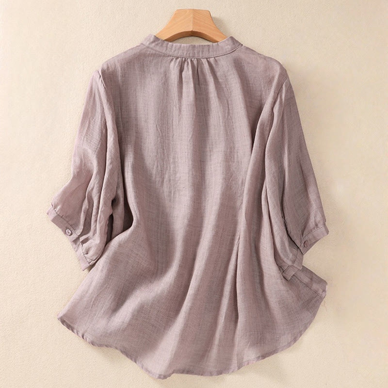 Casual Daily Plain Button Ruffled Design Stand Collar Women's Cotton Linen Three Quarter Sleeve Shirt Cardigan