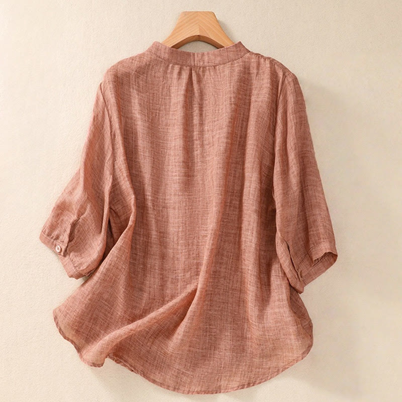 Casual Daily Plain Button Ruffled Design Stand Collar Women's Cotton Linen Three Quarter Sleeve Shirt Cardigan