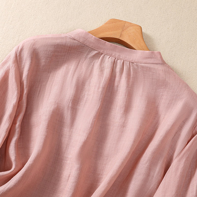 Casual Daily Plain Button Ruffled Design Stand Collar Women's Cotton Linen Three Quarter Sleeve Shirt Cardigan