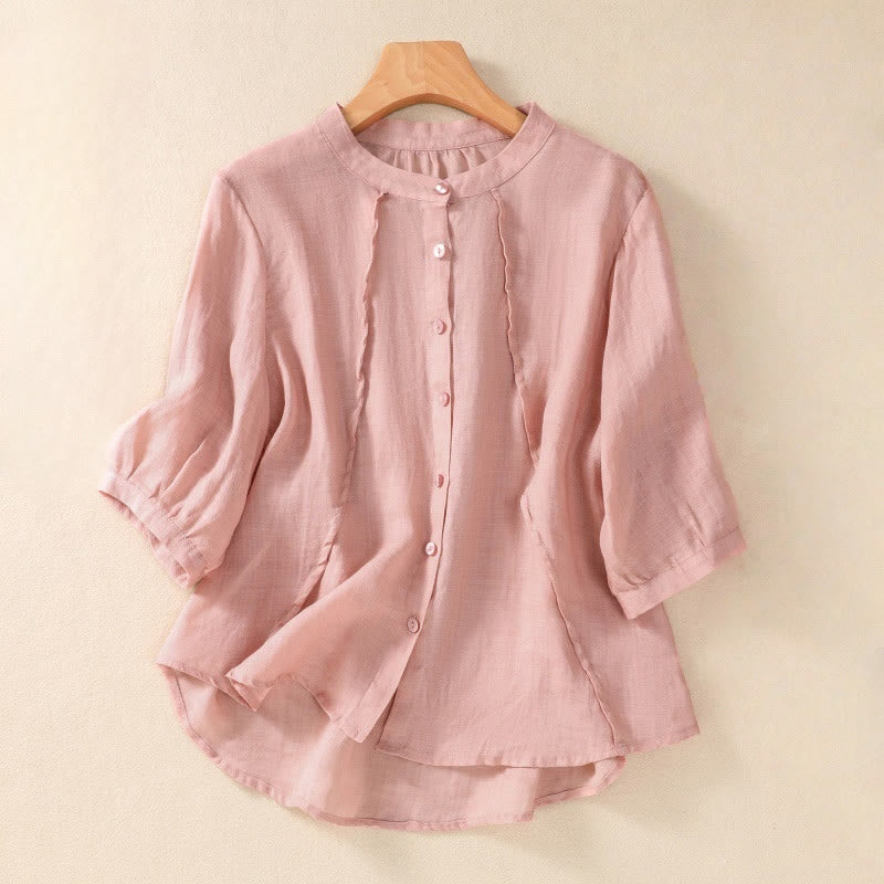 Casual Daily Plain Button Ruffled Design Stand Collar Women's Cotton Linen Three Quarter Sleeve Shirt Cardigan