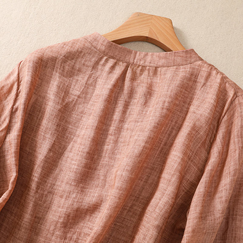 Casual Daily Plain Button Ruffled Design Stand Collar Women's Cotton Linen Three Quarter Sleeve Shirt Cardigan