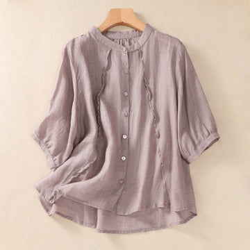 Casual Daily Plain Button Ruffled Design Stand Collar Women's Cotton Linen Three Quarter Sleeve Shirt Cardigan