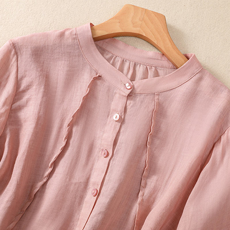 Casual Daily Plain Button Ruffled Design Stand Collar Women's Cotton Linen Three Quarter Sleeve Shirt Cardigan