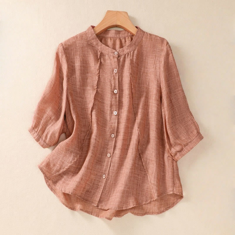 Casual Daily Plain Button Ruffled Design Stand Collar Women's Cotton Linen Three Quarter Sleeve Shirt Cardigan