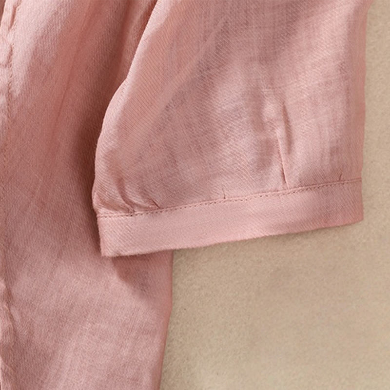 Casual Daily Plain Button Ruffled Design Stand Collar Women's Cotton Linen Three Quarter Sleeve Shirt Cardigan