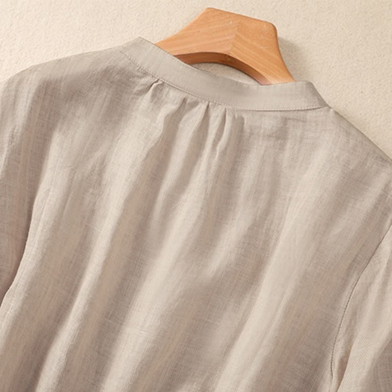 Casual Daily Plain Button Ruffled Design Stand Collar Women's Cotton Linen Three Quarter Sleeve Shirt Cardigan