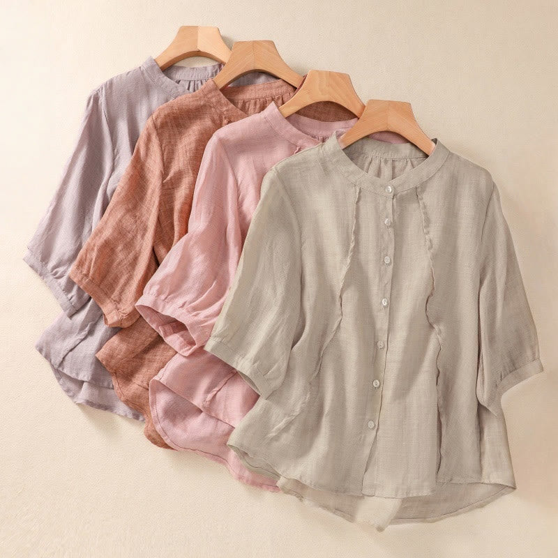 Casual Daily Plain Button Ruffled Design Stand Collar Women's Cotton Linen Three Quarter Sleeve Shirt Cardigan