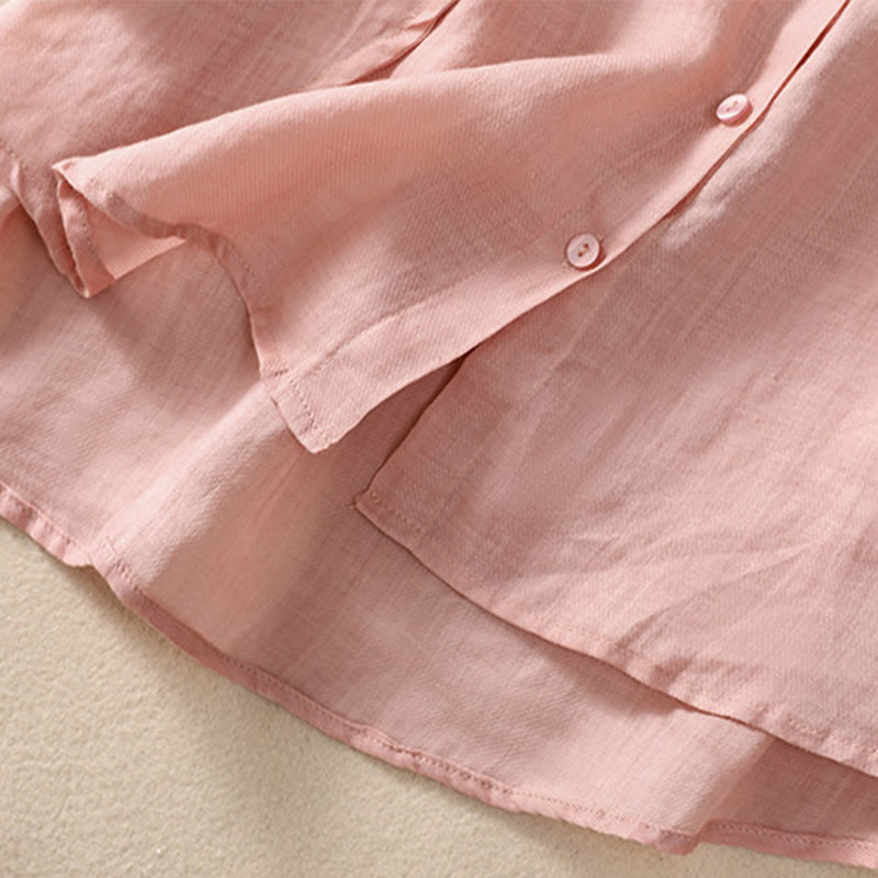 Casual Daily Plain Button Ruffled Design Stand Collar Women's Cotton Linen Three Quarter Sleeve Shirt Cardigan