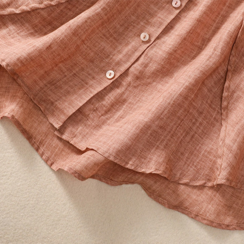 Casual Daily Plain Button Ruffled Design Stand Collar Women's Cotton Linen Three Quarter Sleeve Shirt Cardigan